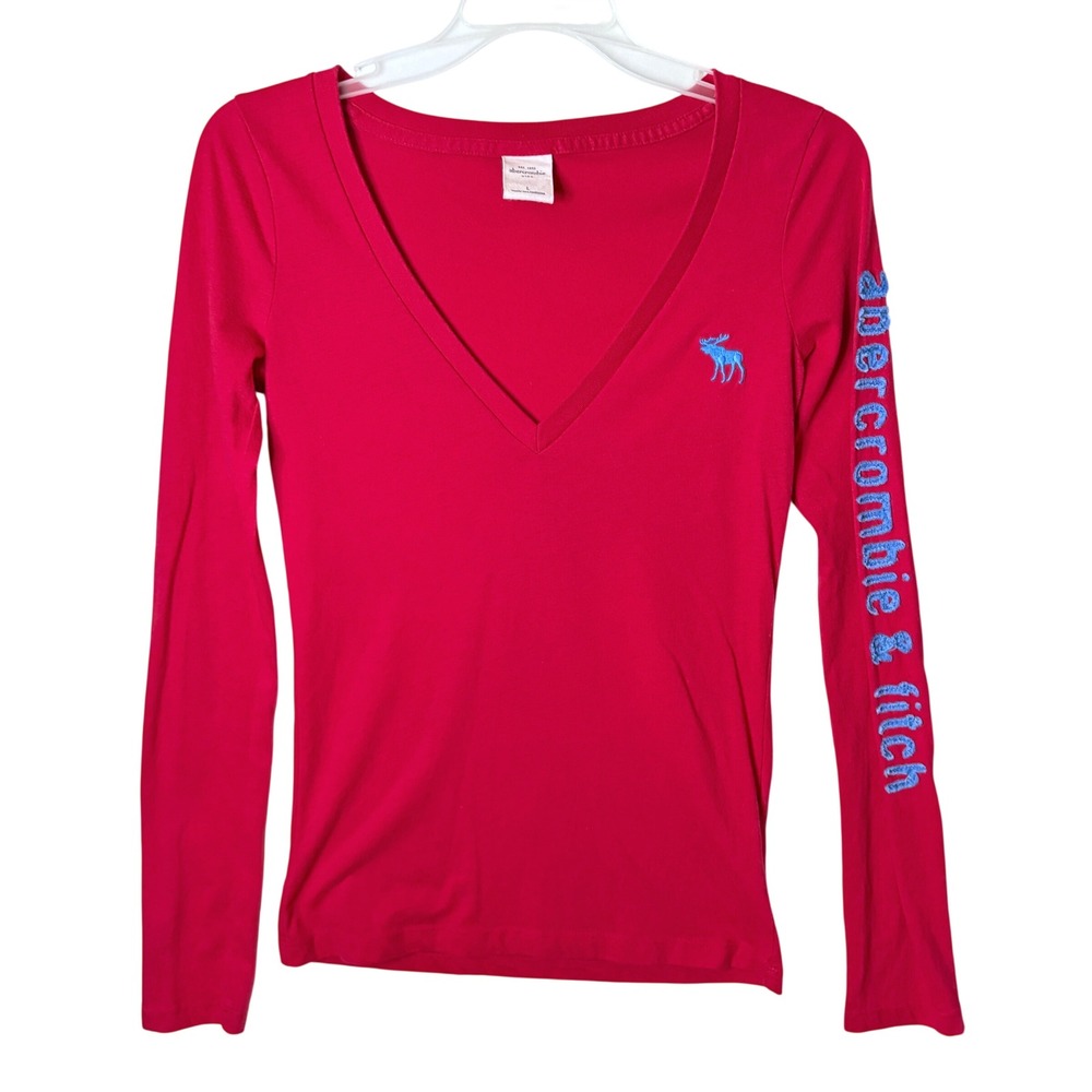 Abercrombie Y2K V-Neck Long Sleeve Spellout Tee Kids L Hot Pink Embroidered